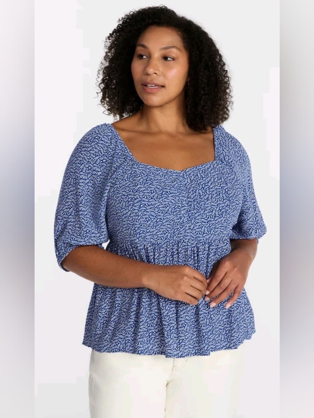 Terra & Sky Plus Size Peplum Sweetheart Top Blue Floral 2X 20W-22W NWT